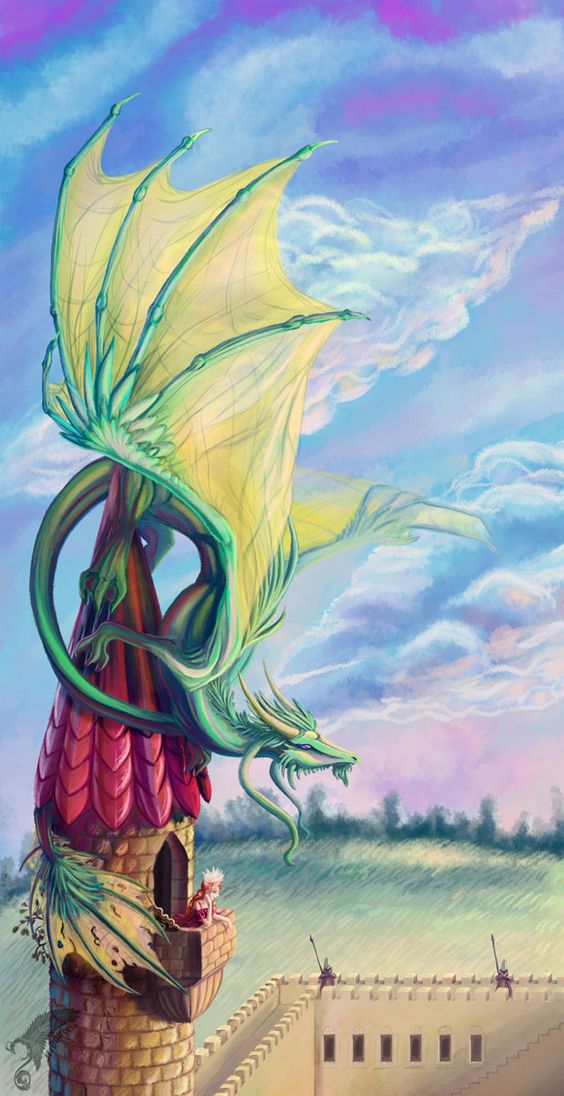 a green dragon wraps itself around the top of a red tower while a girl right below it stands out on a balcony, both the girl and the dragon are looking at something in the distance, the scenery below shows a courtyard surrounded by a tall stone wall and beyond that is a grassy meadow with trees at the edge, the sky is a beautiful painting of blue, pink, and white